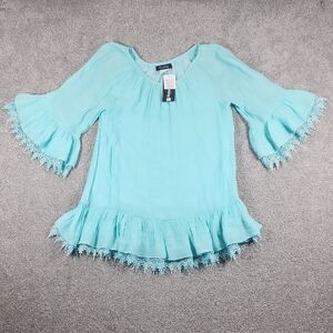 Sassy Bling Elegant Aqua Lace Trim Women's Boutique Blouse Size Medium New